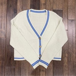 WOMENS VARSITY RIB-KNIT BUTTON UP CARDIGAN WHITE BLUE STRIPE SIZE SMALL